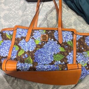 Dooney & Bourke Blue Floral Tote with Tan Accents